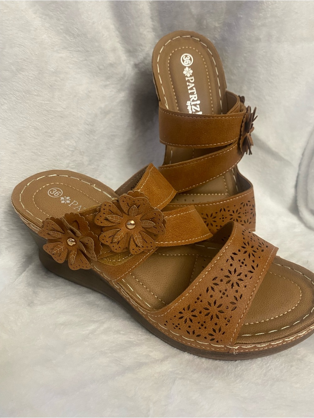Patrizia by Spring Step Women's Tan Floral Cutout Wedge Sandals Faux Leather
